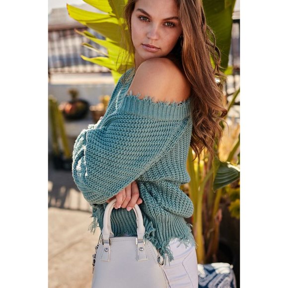 Main Strip Frayed V-Neck Sweater, Mineral Blue - Picture 4 of 7